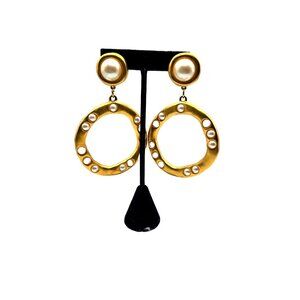 Vintage RARE GIVENCHY large hoop faux pearl gold plated clip earrings signed